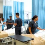 Miramar ASN nursing school students are practicing in an FVI skills lab under the supervision of a member of the nursing faculty