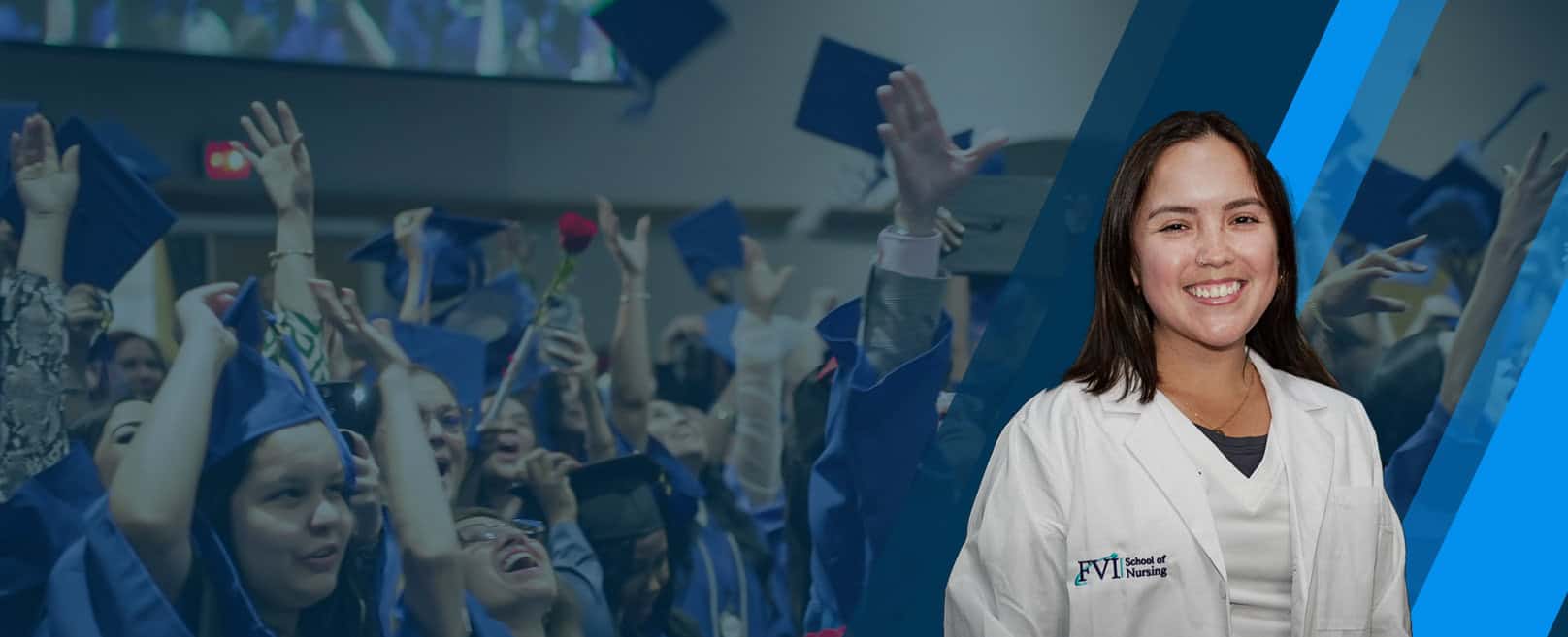 A happy FVI miami ASN nursing school student with a background of FVI graduates at graduation