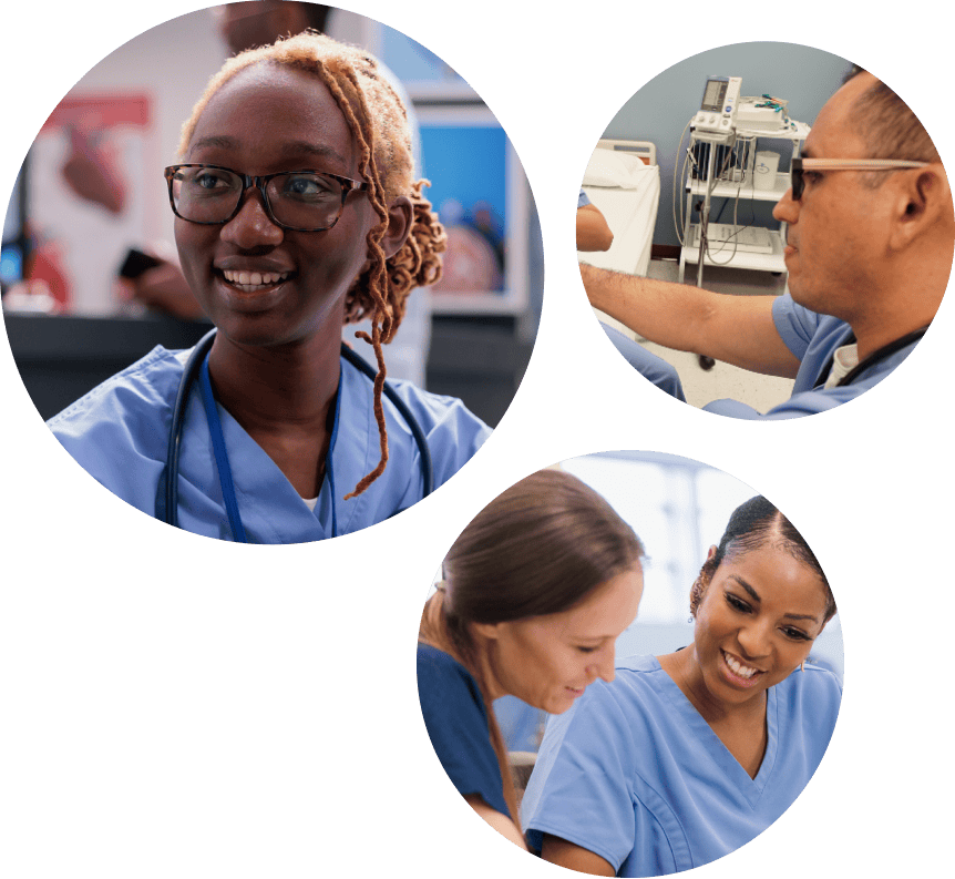 three pictures of miami healthcare students working