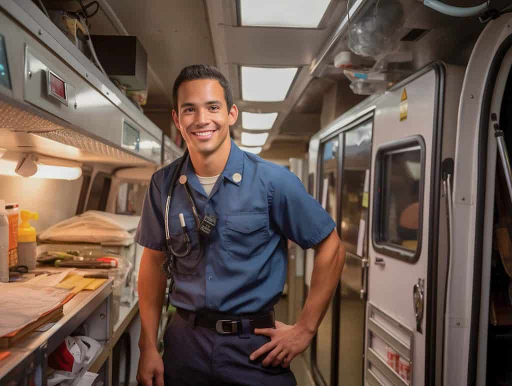 EMT student smiling inside a well-equipped ambulance