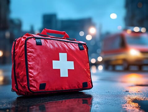 Red EMT first aid bag with a white cross symbol placed on the ground in front of an ambulance.