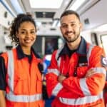 EMT team in bright orange uniforms smiling inside an ambulance.