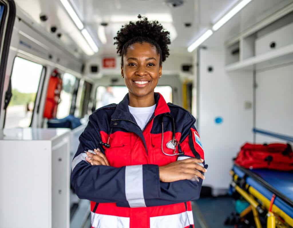 Confident EMT professional standing inside an ambulance with arms crossed.