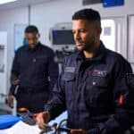 EMT trainee in uniform studying inside a paramedic training classroom.