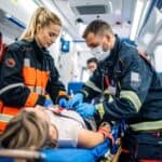 EMT professionals providing emergency care to a patient inside an ambulance.